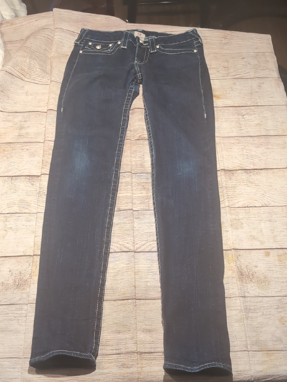 True Religion Blue Denim Low Rise  Pearl Button Skinny Jeans Made In USA Size 28